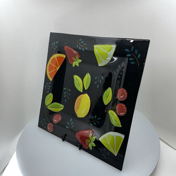 Large 14" Recessed Square Platter Vibrant Fused Glass Fruit on Black Background - Picture 3 of 9